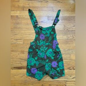 Floral Green & Purple Short Overalls Romper